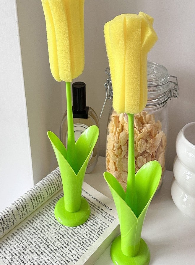 Beufee 2PCS Bottle Brush, Tulip Shape Sponge Cleaning Brush with Holder Long Handle Cup Cleaner Brush Water Bottle Sponge for Kitchen Dishes (Yellow) - Image 3